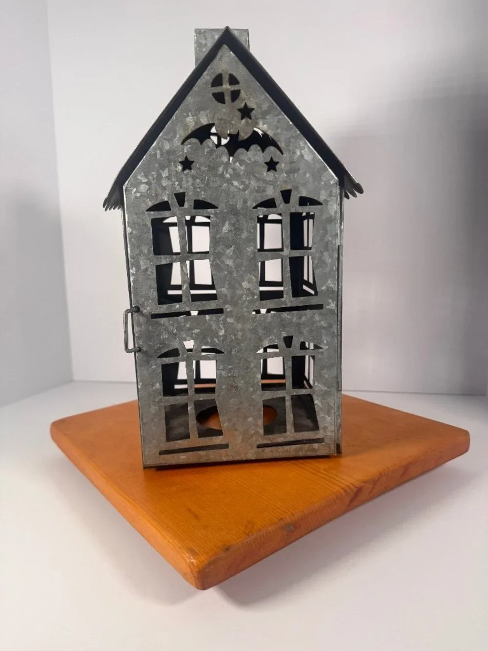 Rustic galvanized metal Halloween haunted house lantern